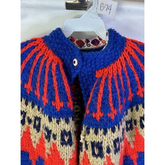 Vintage 70s Hand Knit Fair Isle Nordic Cardigan Sweater Cape Coat Rockabilly - Picture 5 of 8